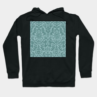 Dark Teal on Aqua Weird Medieval Lions, Cherubs, and Skulls Scrollwork Damask Hoodie